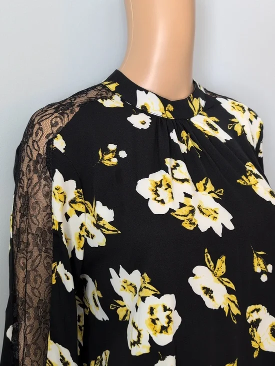 Cleo Black & Yellow Floral Blouse with Lace Sleeve Inset - Size M - Picture 5 of 14